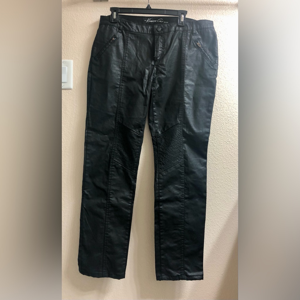 Kenneth Cole Black Faux Leather Moto-Style Pants With Quilted Knees